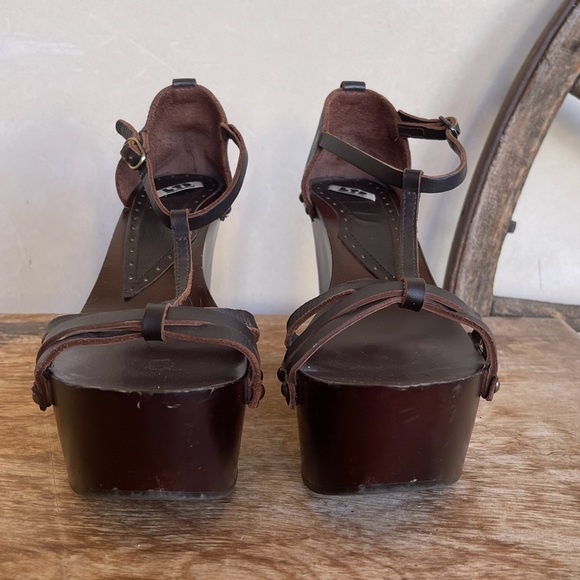 LTD FORNONNO Rare Vtg Brown Wood & Leather T-Strap Platform Sandals 37 Italy - Picture 7 of 13